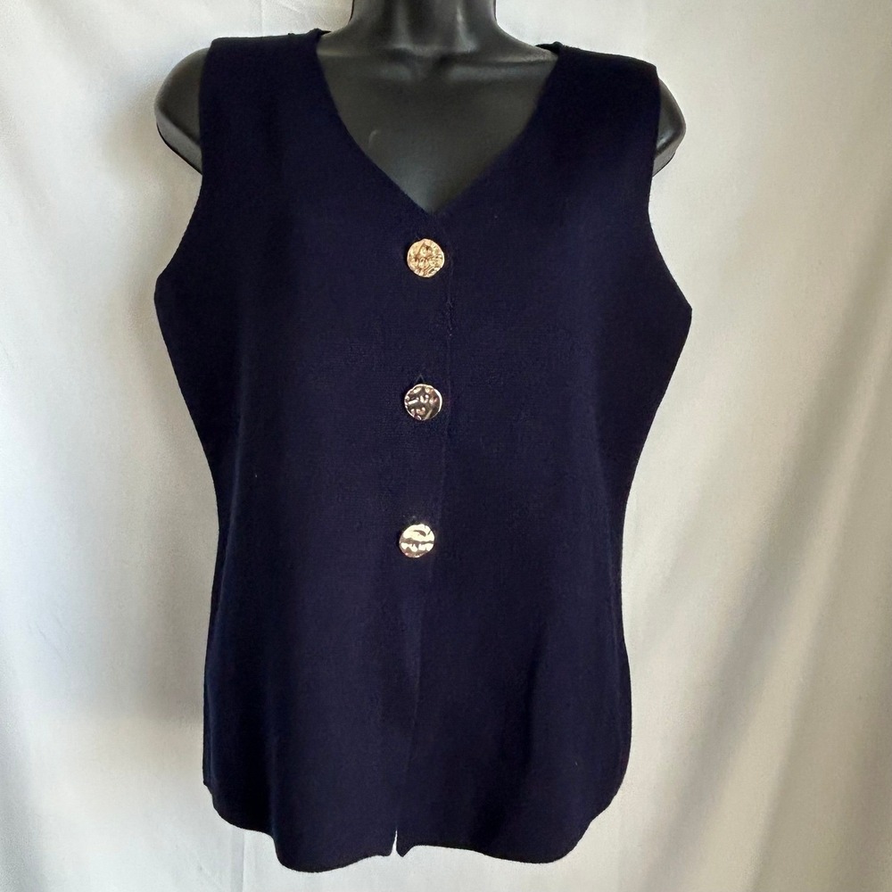Cyrus Sweater Vest Size S Womens Navy Blue Excellent Gold Hammered Button Knit - Picture 9 of 9